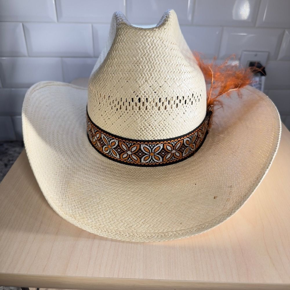 Cowboy Hat VINTAGE STETSON ROADRUNNER STRAW BRICK CROWN TAN.